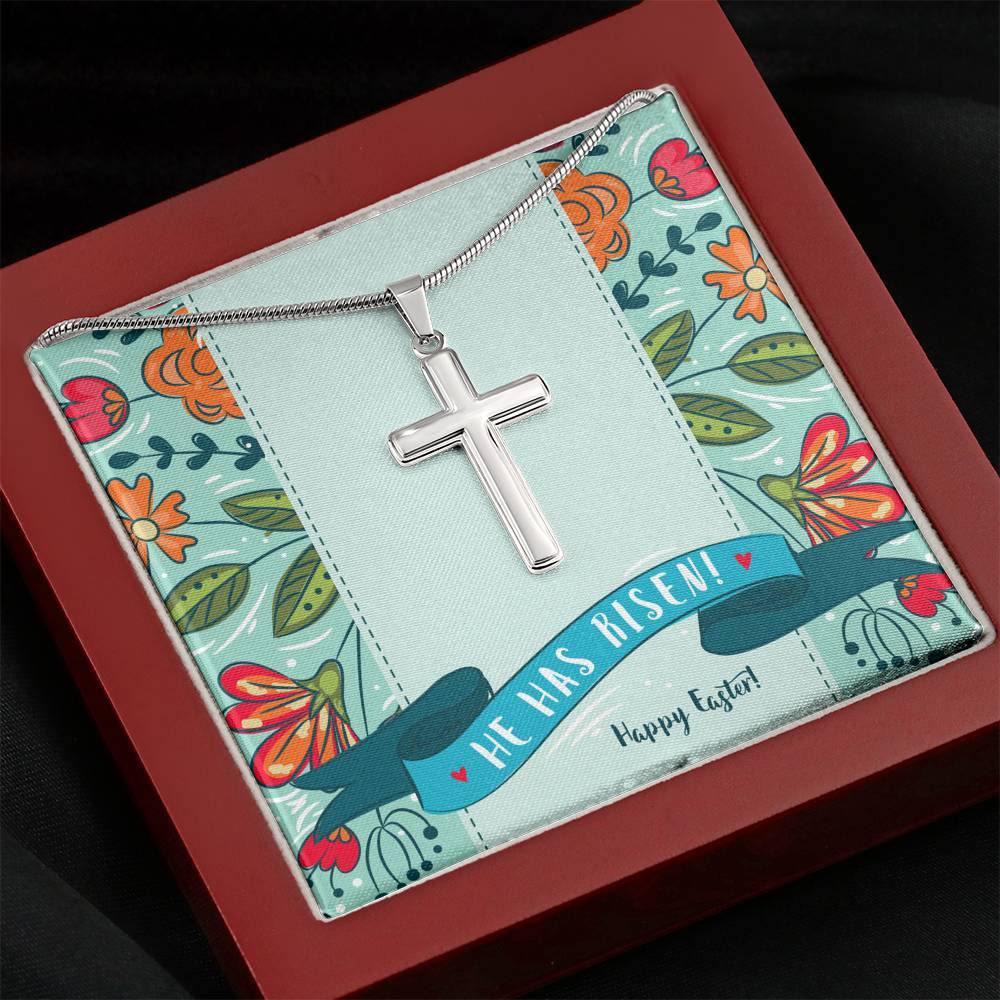 Easter Cross Pendant • He Has Risen Happy Easter Message Card Jewelry ShineOn Fulfillment Mahogany Style Luxury Box 