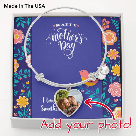 Happy Mother's Day Photo Charm Bangle Bracelet • Customize with Your Photo and Message Jewelry ShineOn Fulfillment .316 Surgical Steel Heart Pendant Bangle No 