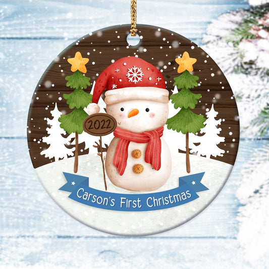 Baby's First Christmas • Customizable Snowboy Ornament Salmon Olive Baby Boy Snowman 