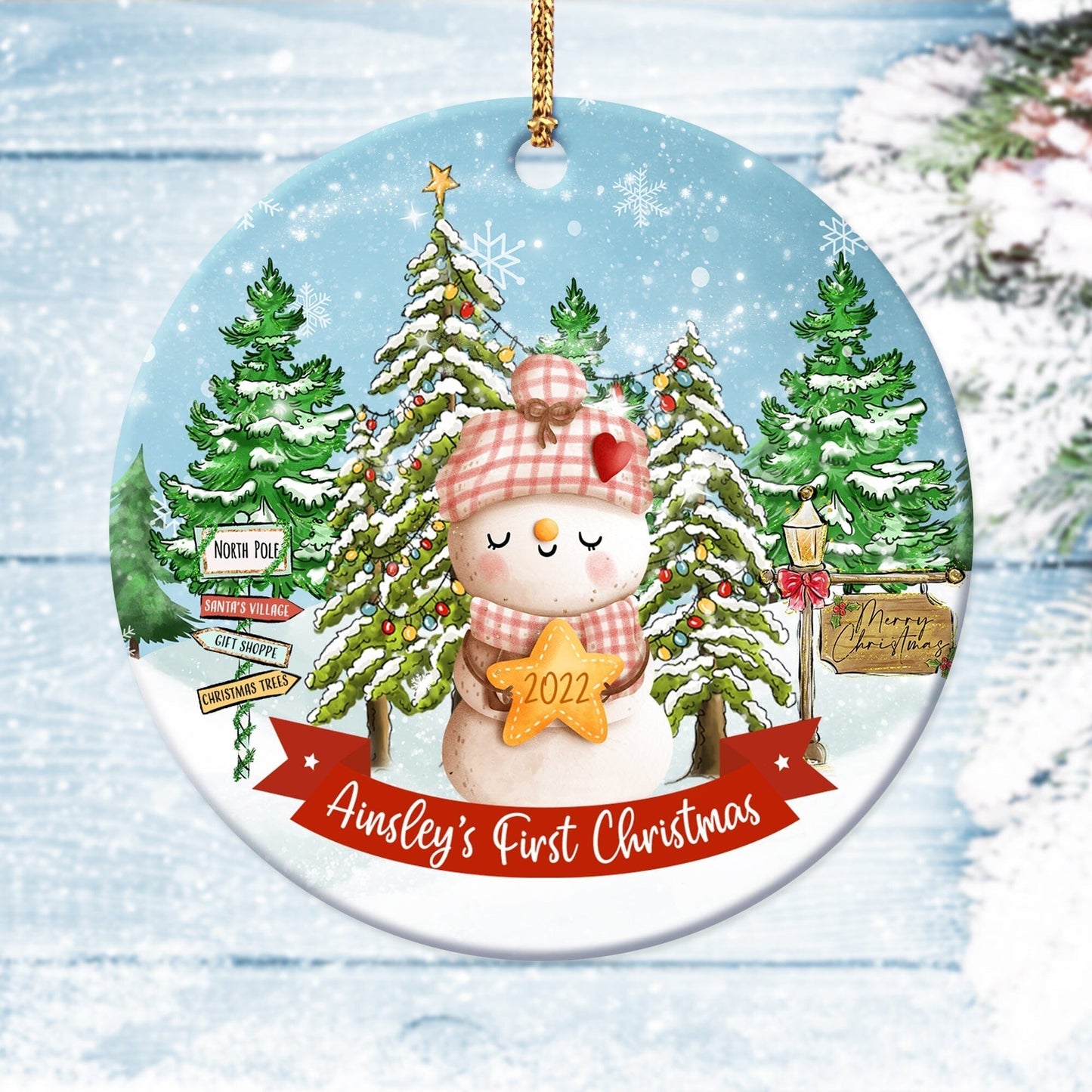 Baby's First Christmas • Customizable SnowFamily Ornament Salmon Olive Baby Girl Snowman 