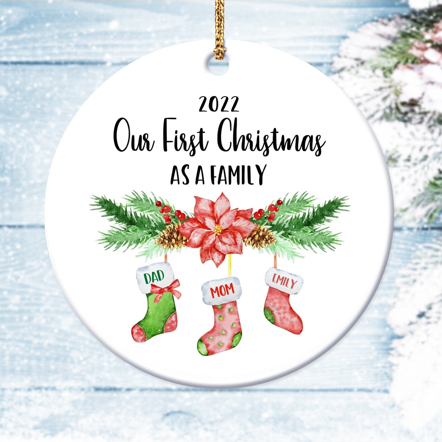 Baby's First Christmas • Customizable SnowFamily Ornament Salmon Olive Family Stockings 