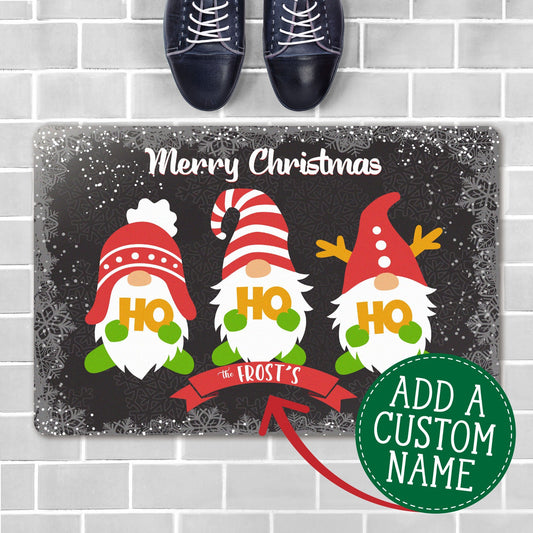 Personalized Christmas Gnome Doormat • Add Your Name Salmon Olive 