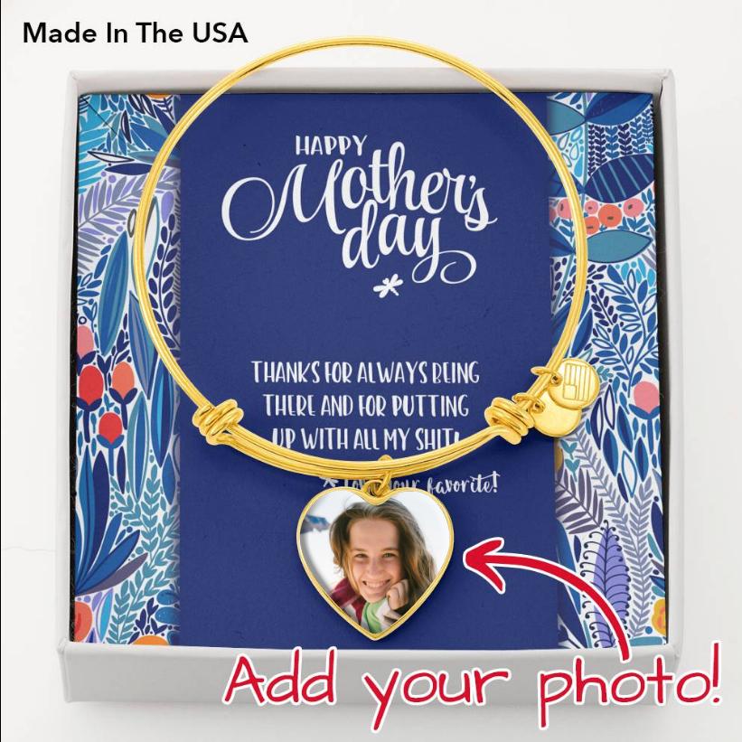 Mother's Day Photo Charm Bangle Bracelet • Message from Child Jewelry ShineOn Fulfillment 18k Yellow Gold Finish Heart Pendant Bangle No 
