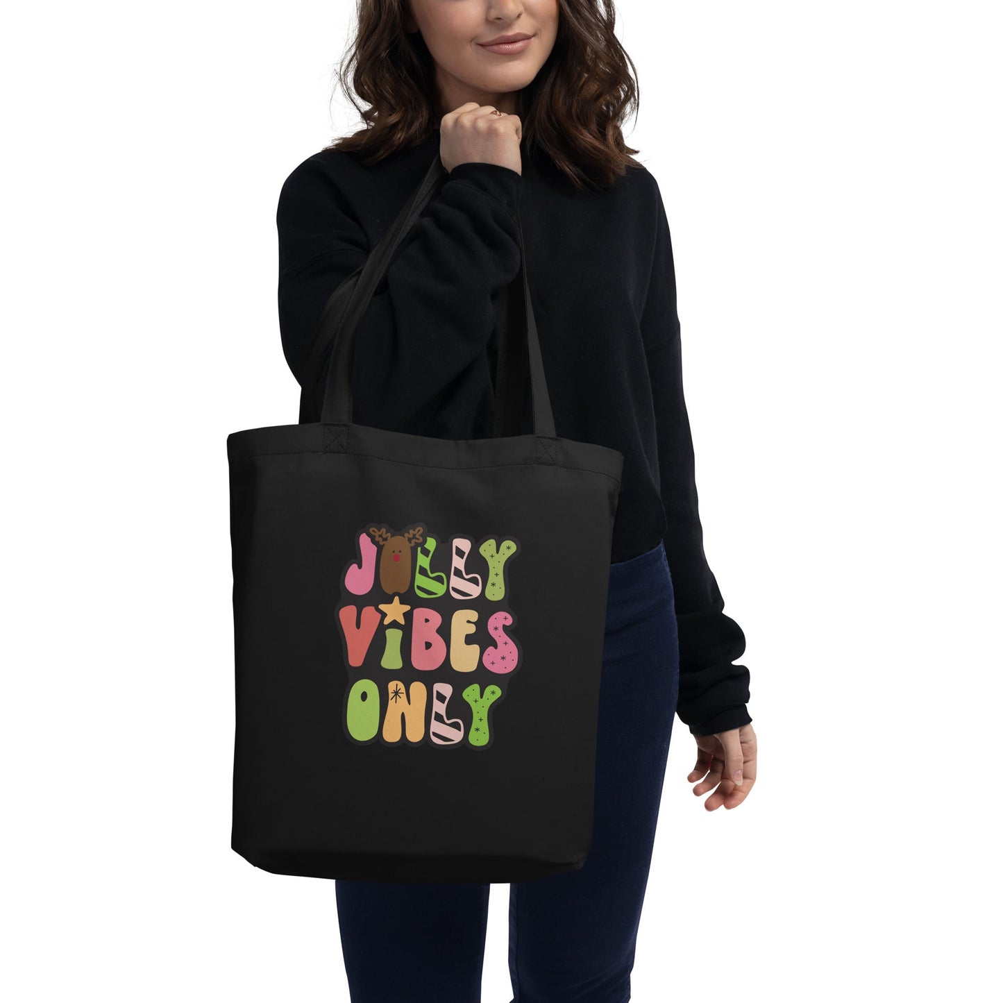 Jolly Vibes Only Christmas Eco Tote Bag Salmon Olive Black 