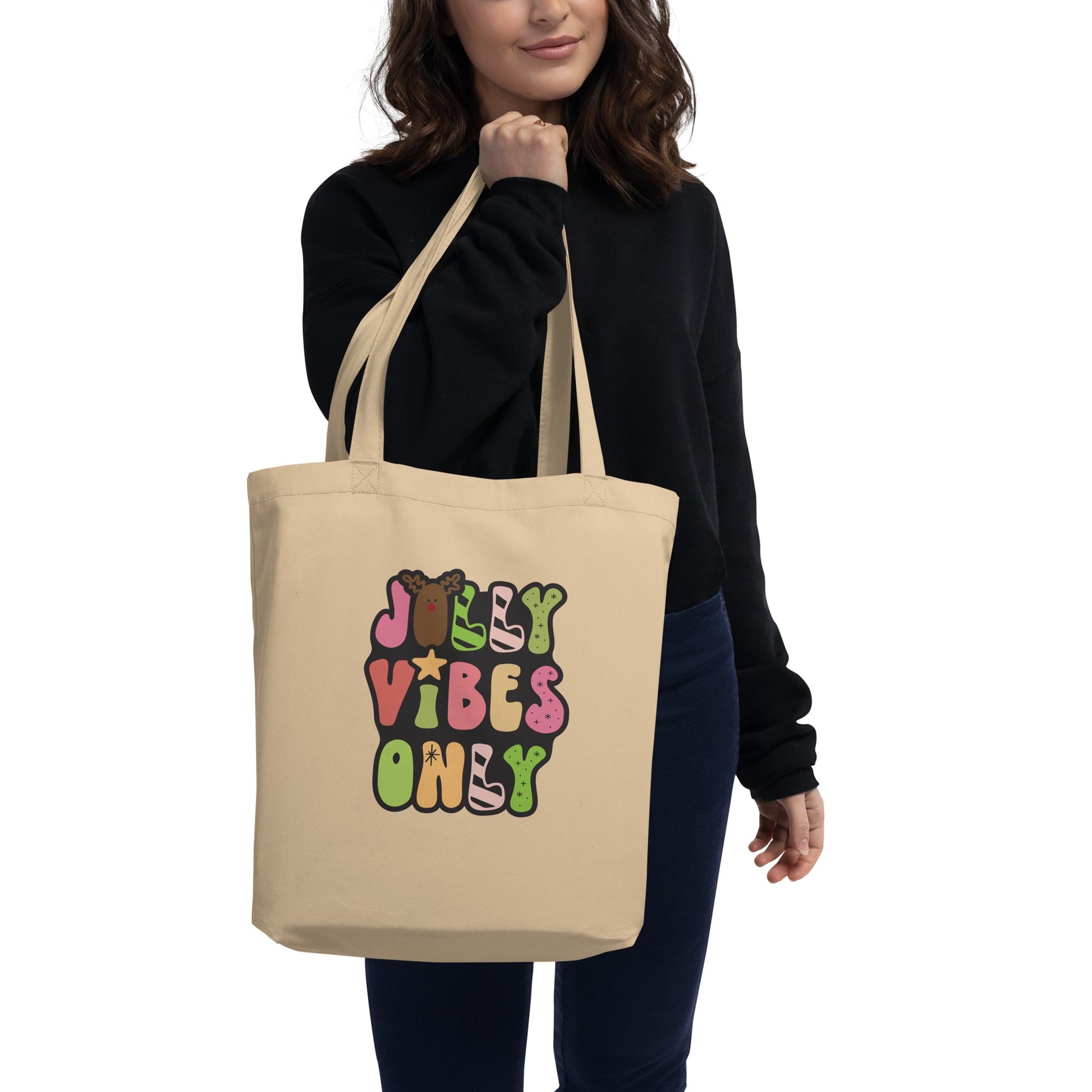 Jolly Vibes Only Christmas Eco Tote Bag Salmon Olive Oyster 