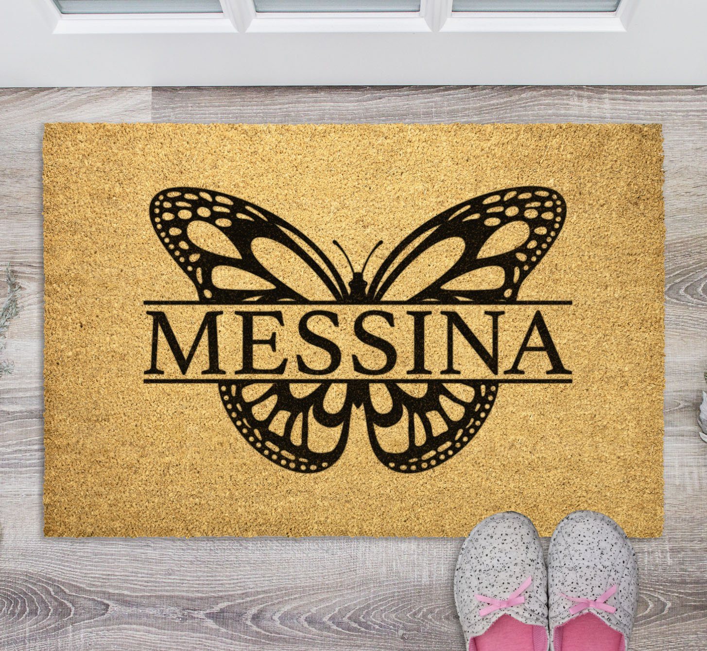 Last Name Doormats • Custom Butterfly Monogram 30" x 18" Salmon Olive 