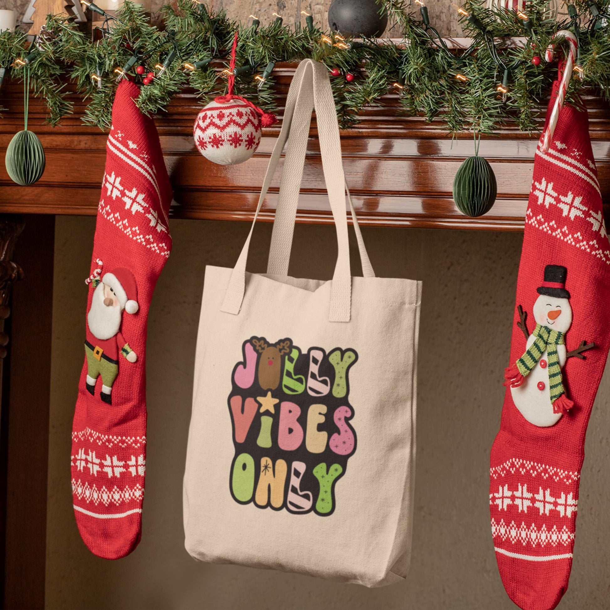 Jolly Vibes Only Christmas Eco Tote Bag Salmon Olive 