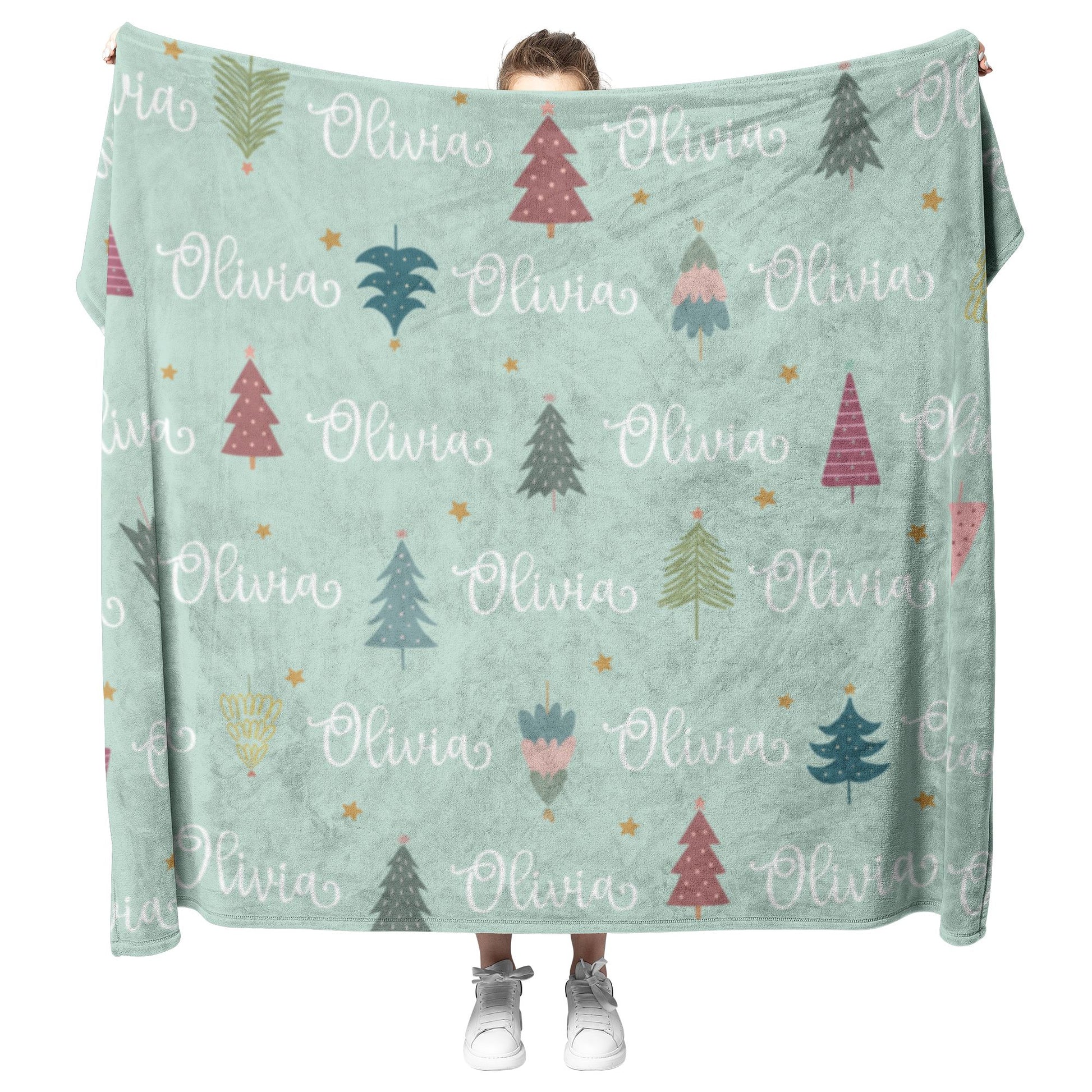 Customizeable Boho Christmas Baby Blanket • Minky Fleece Salmon Olive 60" x 80" Big Kid 