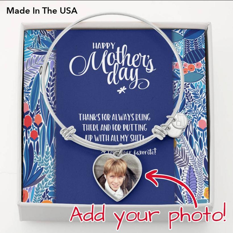 Mother's Day Photo Charm Bangle Bracelet • Message from Child Jewelry ShineOn Fulfillment .316 Surgical Steel Heart Pendant Bangle No 