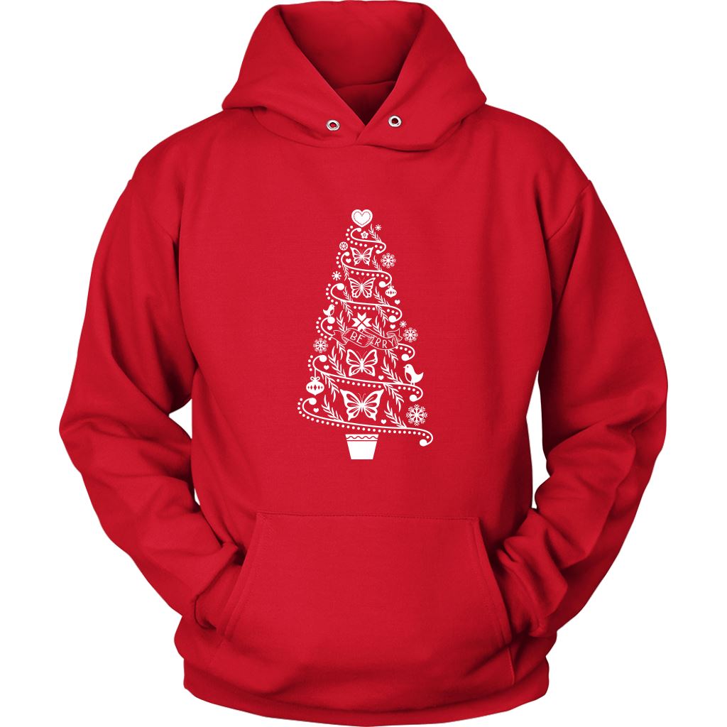 Butterfly Hoodie Cottagecore Folk Art Christmas Tree with Butterflies T-shirt teelaunch Unisex Hoodie Red S